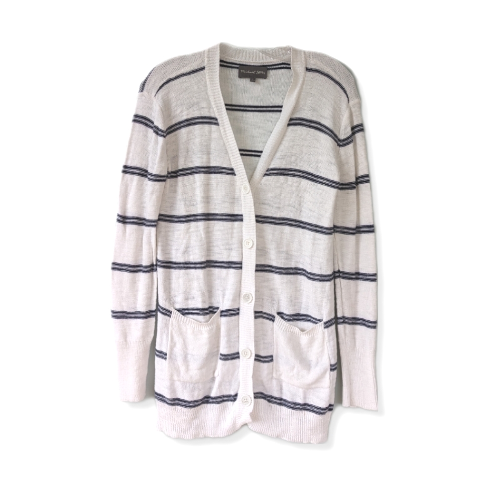 Michael Stars Navy & White Striped Long Knit Cardigan Sweater